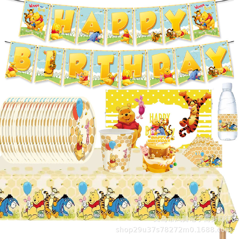 Winnie the Pooh Cartoon Anime Party Paper Plate Party Paper Cup Paper Plate Knife Fork Spoon Tablecloth Banner Birthday Decorations