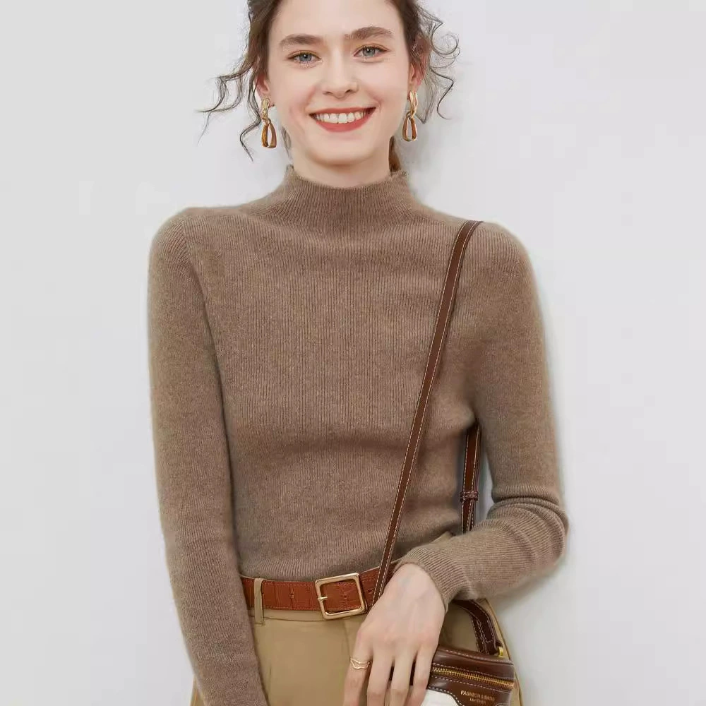 Готовый облегающий базовый пуловер в одну линию с высоким воротом, внутренний облегающий базовый вязаный пуловер, 100 полушерстяной свитер, Женская Чистая шерсть