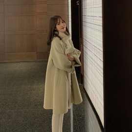 民国风毛呢中长款外套女秋冬新款小个子拼接毛毛保暖气质呢子大衣