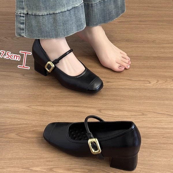 シープスキンバージョン〜本革の太いヒールと女性用のレトロな浅い口の靴、フレンチスタイルの万能メリージェーン革靴|undefined