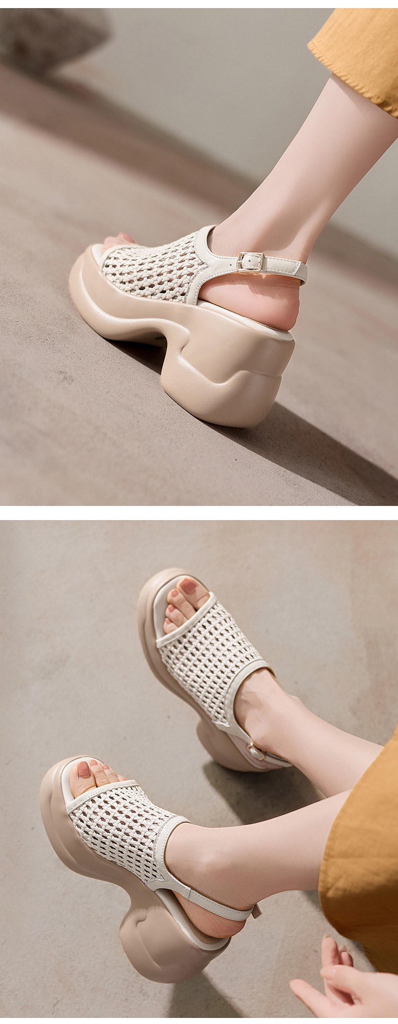 Sandal cao gót nữ mũi hở đế dày 8 cm kiểu dệt La Mã quai ngang — đen chi tiết 8
