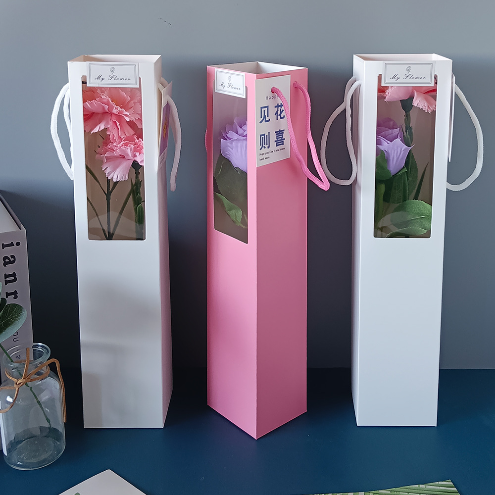 现货开窗透明鲜花包装袋橱窗手提袋玫瑰花束包装盒情人节花盒批发