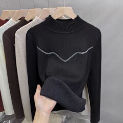 秋冬季加绒加厚毛衣女一体绒圆领内搭打底针织衫修身大码保暖上衣