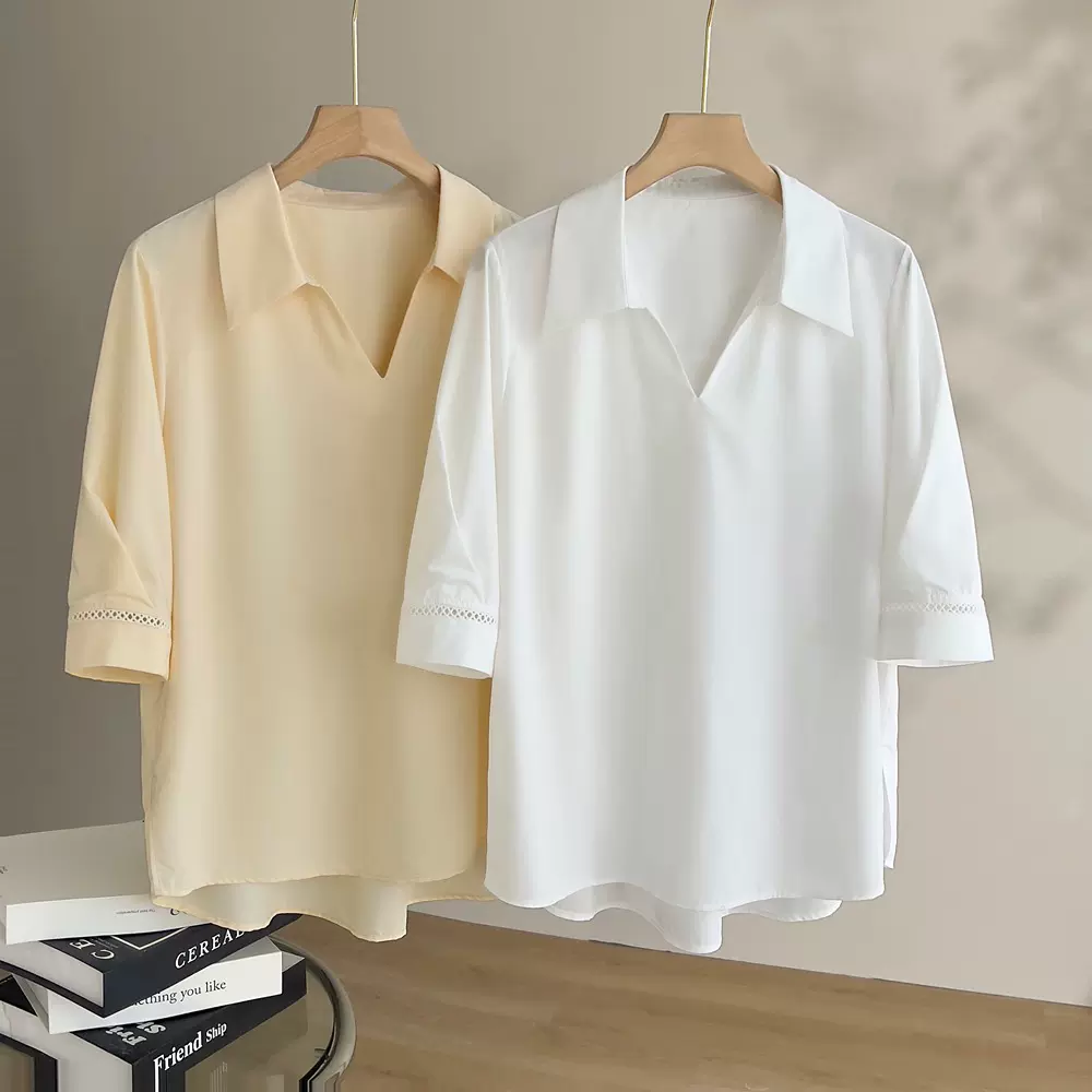 恩迪polo领极简风宽松白衬衫女夏季法式免烫百搭通勤短袖上衣女