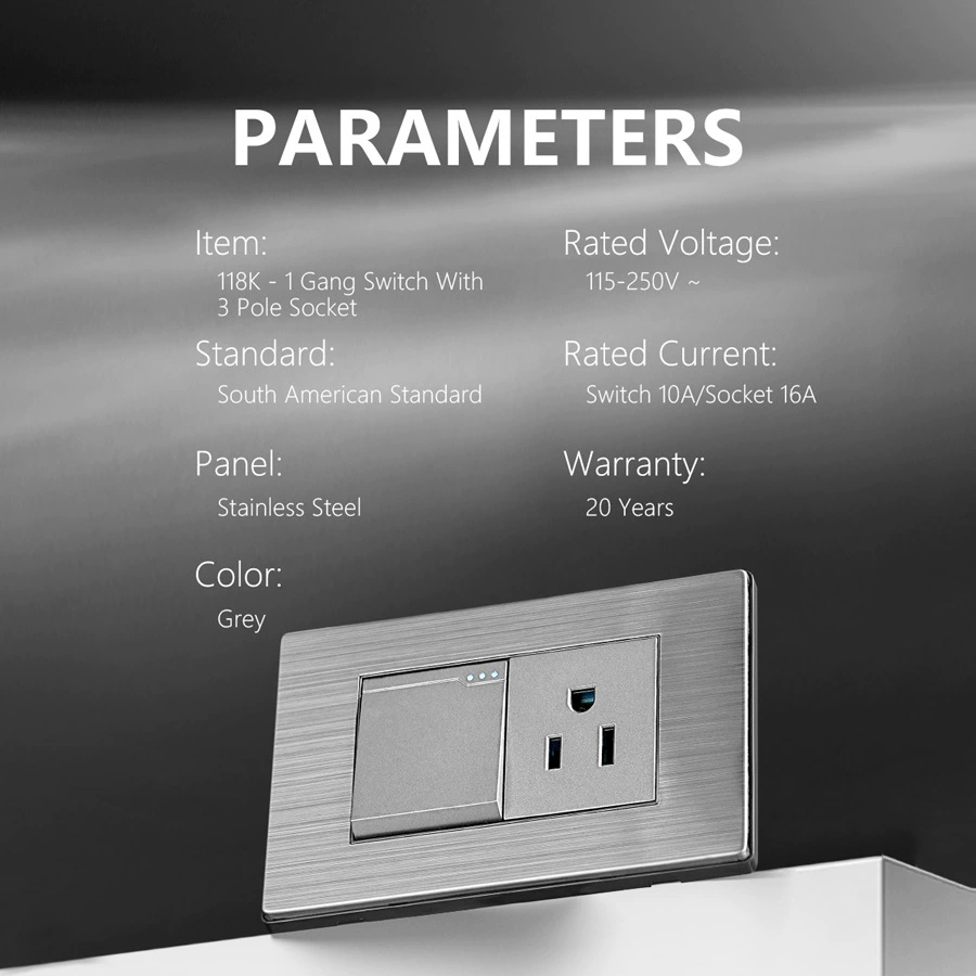 South American series stainless steel panel one-switch American flat 3-hole socket one-open single and double control 16A 250V