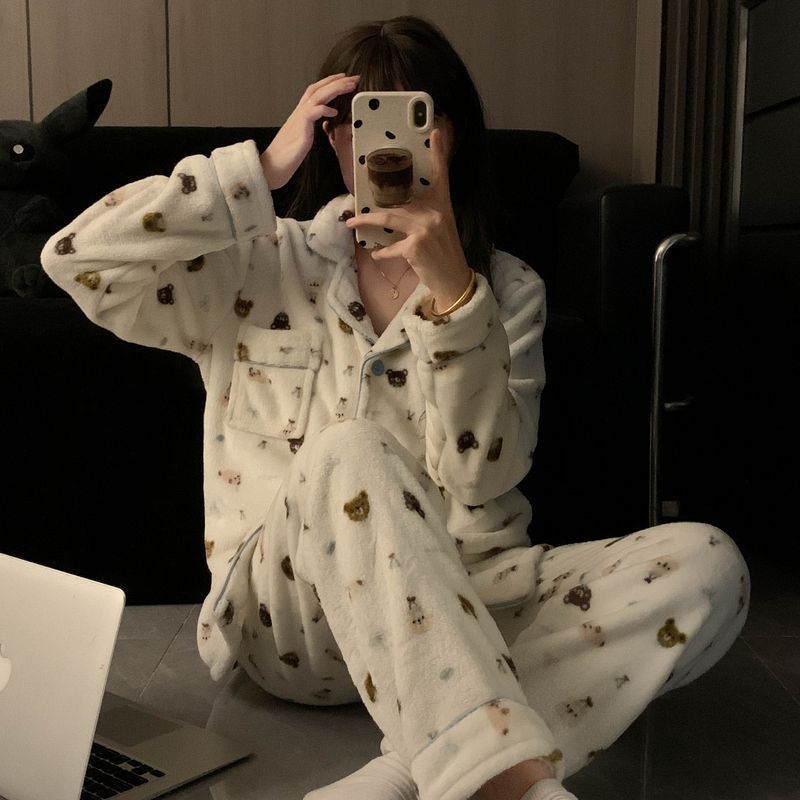 Cute Bear Thickened Flannel Large Size Pajamas Couple Winter Thickened Velvet Warm Long Sleeve Home Clothes Two-Piece Set