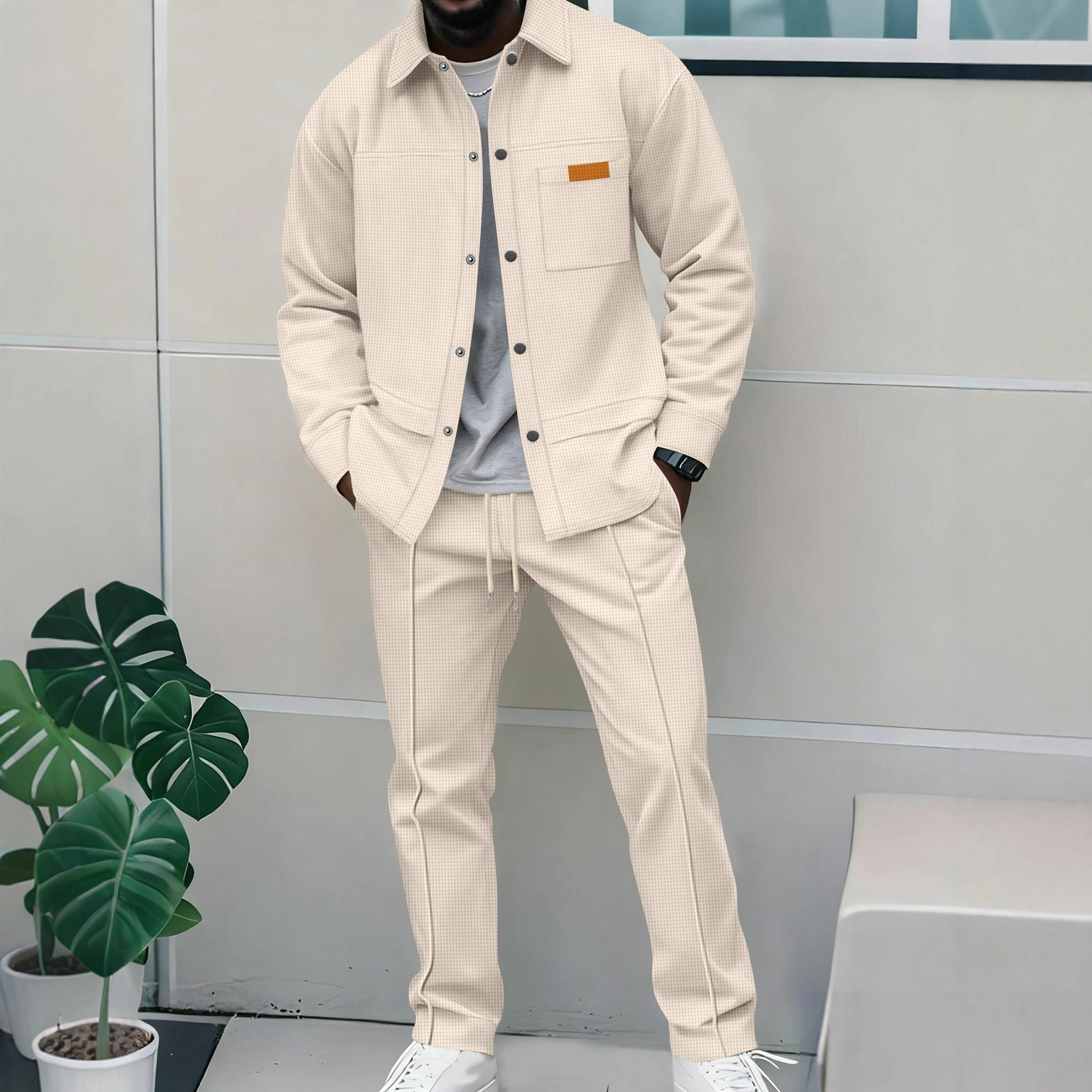 Men's Waffle Pattern Polo Shirt And Trousers Co-ord Set Casual_voghion.com
