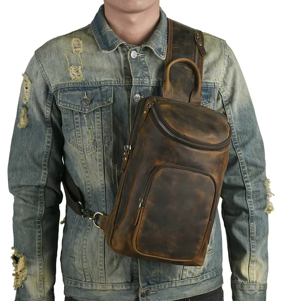 First Layer Crazy Horse Leather Cowhide Men's Retro European and American Outdoor Multi-Purpose 12inch Mobile Phone Chest Bag Crossbody Bag 8033