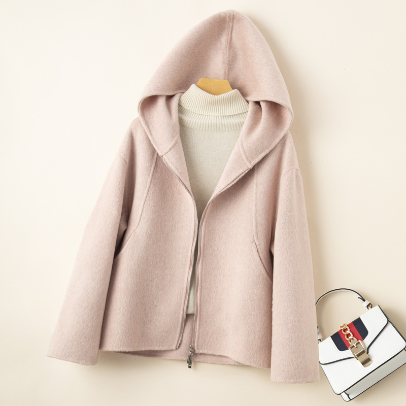 2025 New Autumn and Winter Pure Wool Woolen Outwear Women's Hooded Double-Sided Wool Outwear Small Loose Outwear