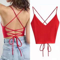 Summer New Sexy Spicy Girl Beautiful Back Cross Tied Cable Knit Base Top V Neck High Waist Straps Backless Top for Women Trendy