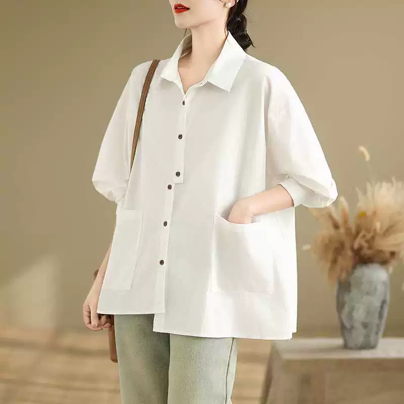 Summer Japanese solid shirt, plus size, loose fit