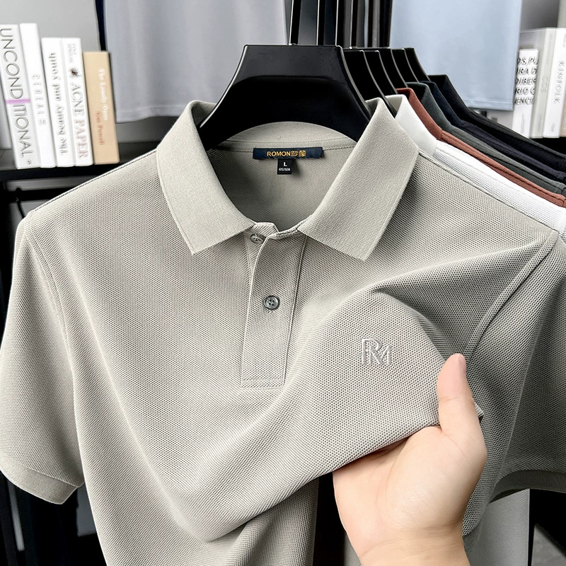 Летняя тонкая рубашка-поло из чистого хлопка с лацканами, мужская однотонная деловая повседневная футболка среднего возраста с короткими рукавами, топ из мерсеризованного хлопка