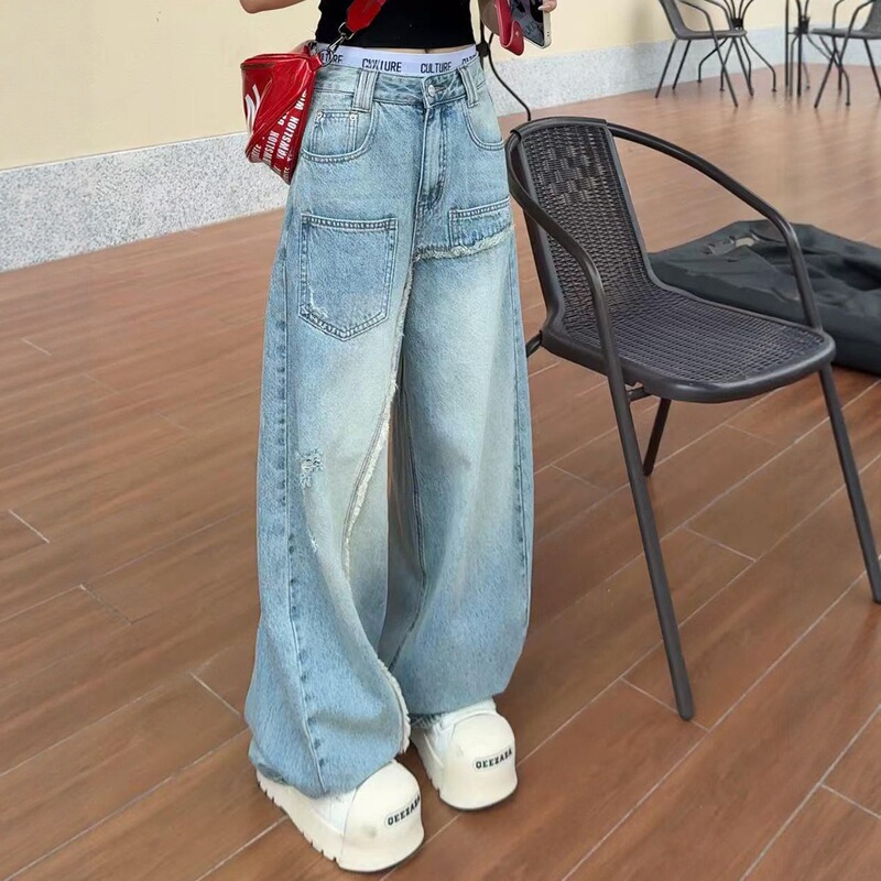 大码阔腿牛仔裤女2025新款高腰直筒裤胖mm显瘦设计宽松美式弯刀裤|undefined