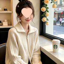 秋冬韩系翻领针织开衫女上衣修身长袖百搭麻花双拉链减龄毛衣外套