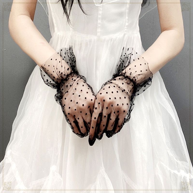 Polka Dot Tulle Gloves Sexy Mesh Black Lace Women's Cross-Border European and American Party Mesh Short Bridal Gloves