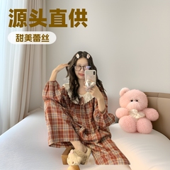 源工場春秋生中継ネット赤爆金雲綿甘美大襟レースパジャマ女家服カバー
