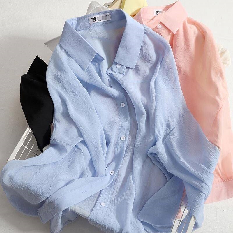 Chiffon thin sun-protective shirt for women, new summer style, versatile outerwear, solid color, loose fit, slimming effect, trendy top Chiffon thin sun-protective shirt for women, new summer style, versatile outerwear, solid color, loose fit, slimming effect, trendy top