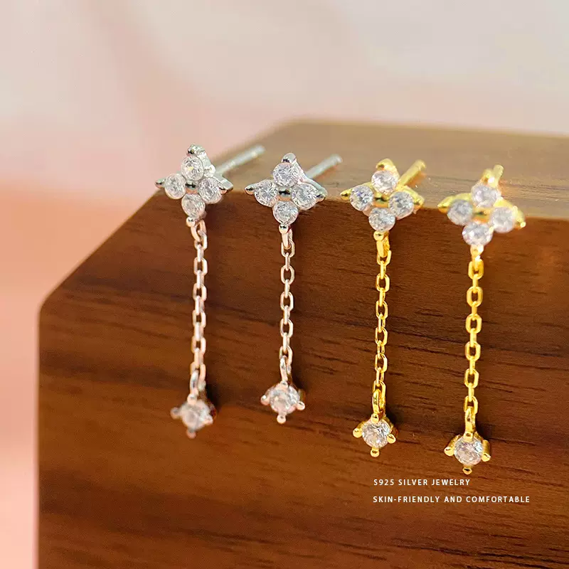 乾佳S925纯银精美四叶花朵流苏耳钉女长款显瘦夏日新款耳饰品代发