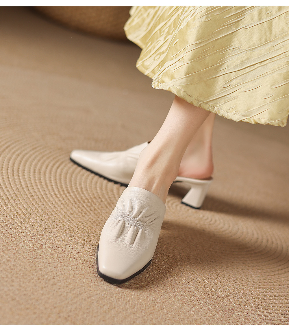 Sandal nữ bít mũi hở gót cao gót thô 5 cm, da bò mùa xuân hè — đen chi tiết 15