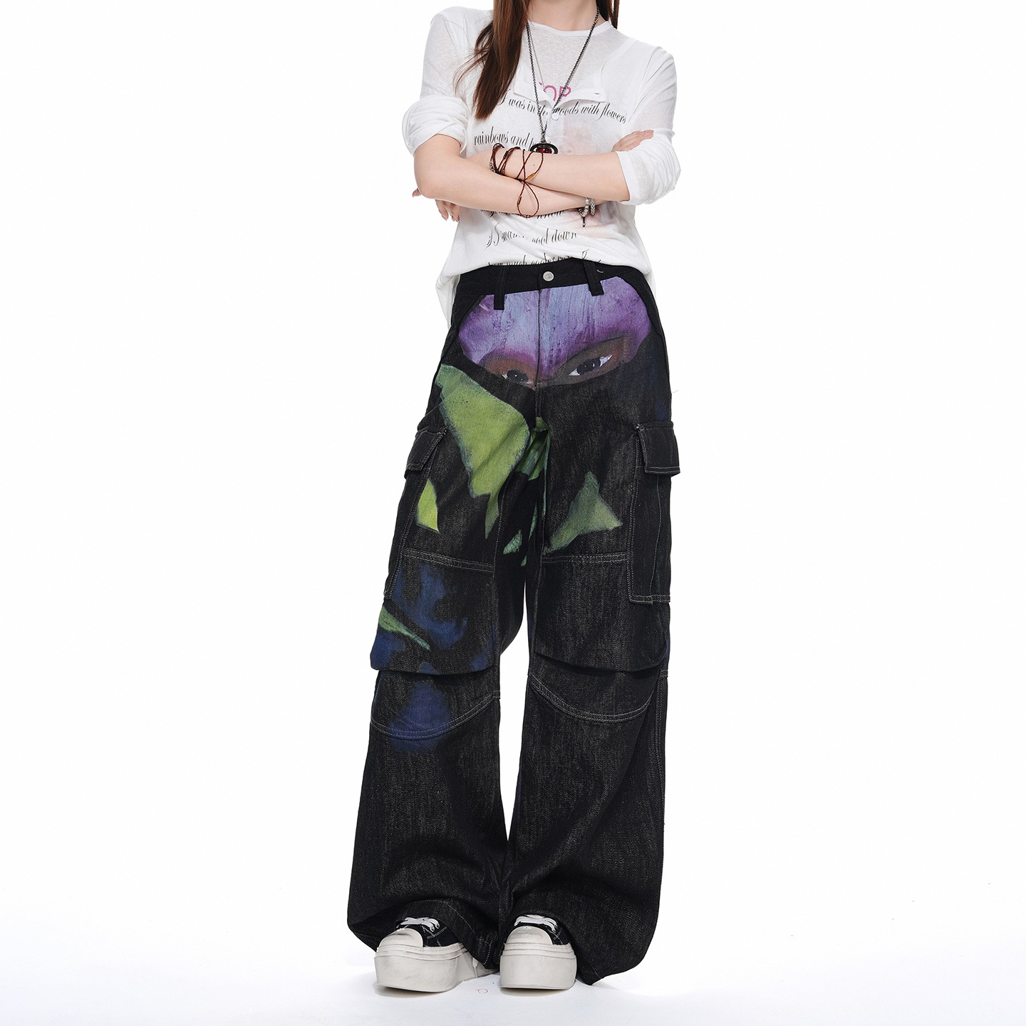 Men's trendy workwear jeans, loose fit, denim with devil eye design, black, from a first or second-tier domestic brand, with tags and in stock.