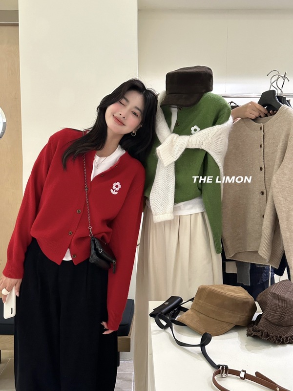 【高品质订货】好看不单调！韩版时尚云牧绒工艺刺绣小花针织开衫|undefined