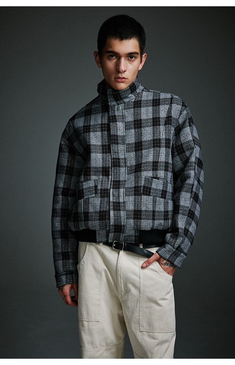 Men's Clothing Retro Stand Collar Plaid Woolen Coat Vintage Design Cotton Coat_voghion.com