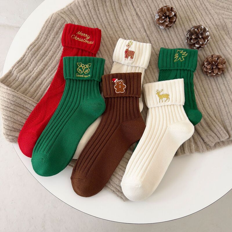 Christmas Socks for Men and Women, Pure Color Thick Stripesd Embroider, Cute Ins Style Casual Trendyy Cotton Socks, Comfortable