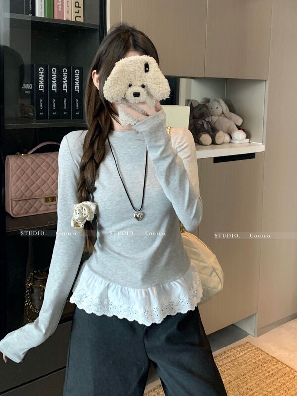 别致下摆蕾丝花边长袖t恤女秋季韩系chic内搭叠穿设计感打底上衣|undefined