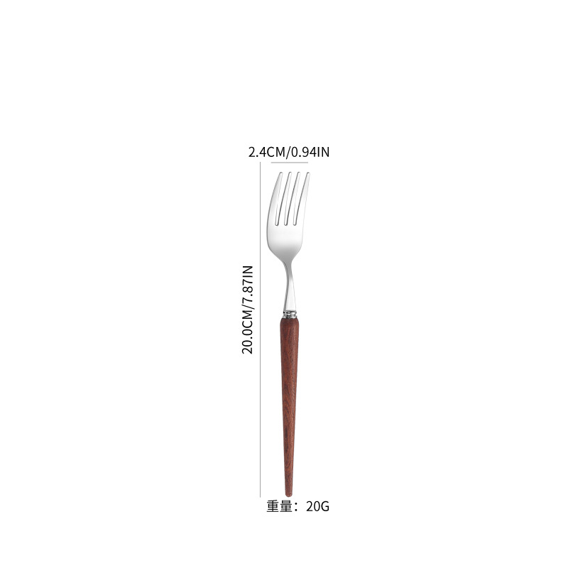 304 mango de madera de acero inoxidable cuchillo y tenedor portugués cuchara de postre cuchara de postre tenedor de cubierta de comida occidental cuchillo y tenedor de filete set cuchara