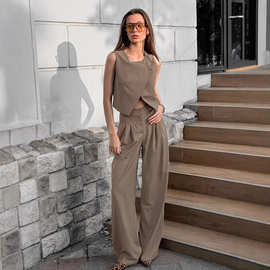 欧美通勤时尚卡其色马甲长裤两件套女2025春季新款外贸设计感套装