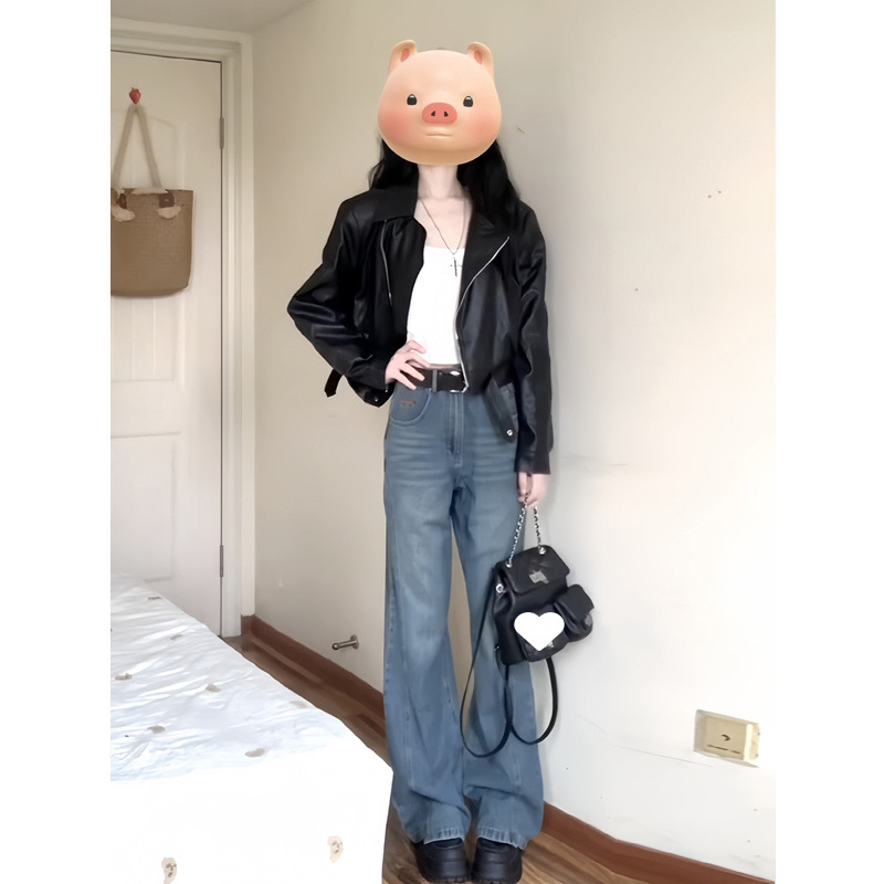 Cross-Border Black Leather Jacket for Women, Short Petite Style, Spring and Autumn Vintage Biker Jacket, Hong Kong Style Pu Leather Jacket