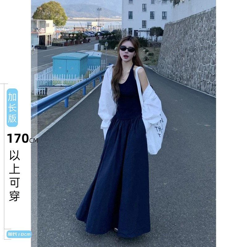 175 Tall Lengthen Version Dark Pure Style Sling dress Women's Summer Elegant Slim-fit U-neck All-match Long Dress