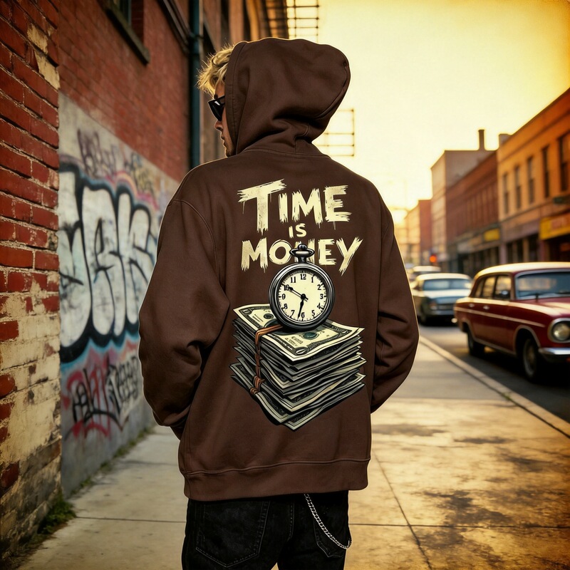 Heavyweight American retro hooded sweatshirt for men, featuring a TIME IS MONEY print and a large pocket watch design on the back Heavyweight American retro hooded sweatshirt for men, featuring a TIME IS MONEY print and a large pocket watch design on the back