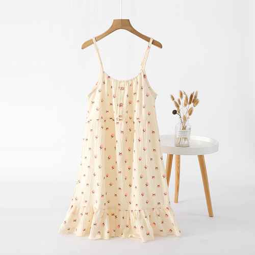 Suspender skirt, cotton crepe nightgown, summer lady's loose, fresh cotton gauze comfortable home skirt, long skirt adjustable