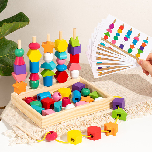 Cross-border wooden children's colorful five-column set of columns, rainbow threaded rope beads, geometric matching cognitive puzzle toy