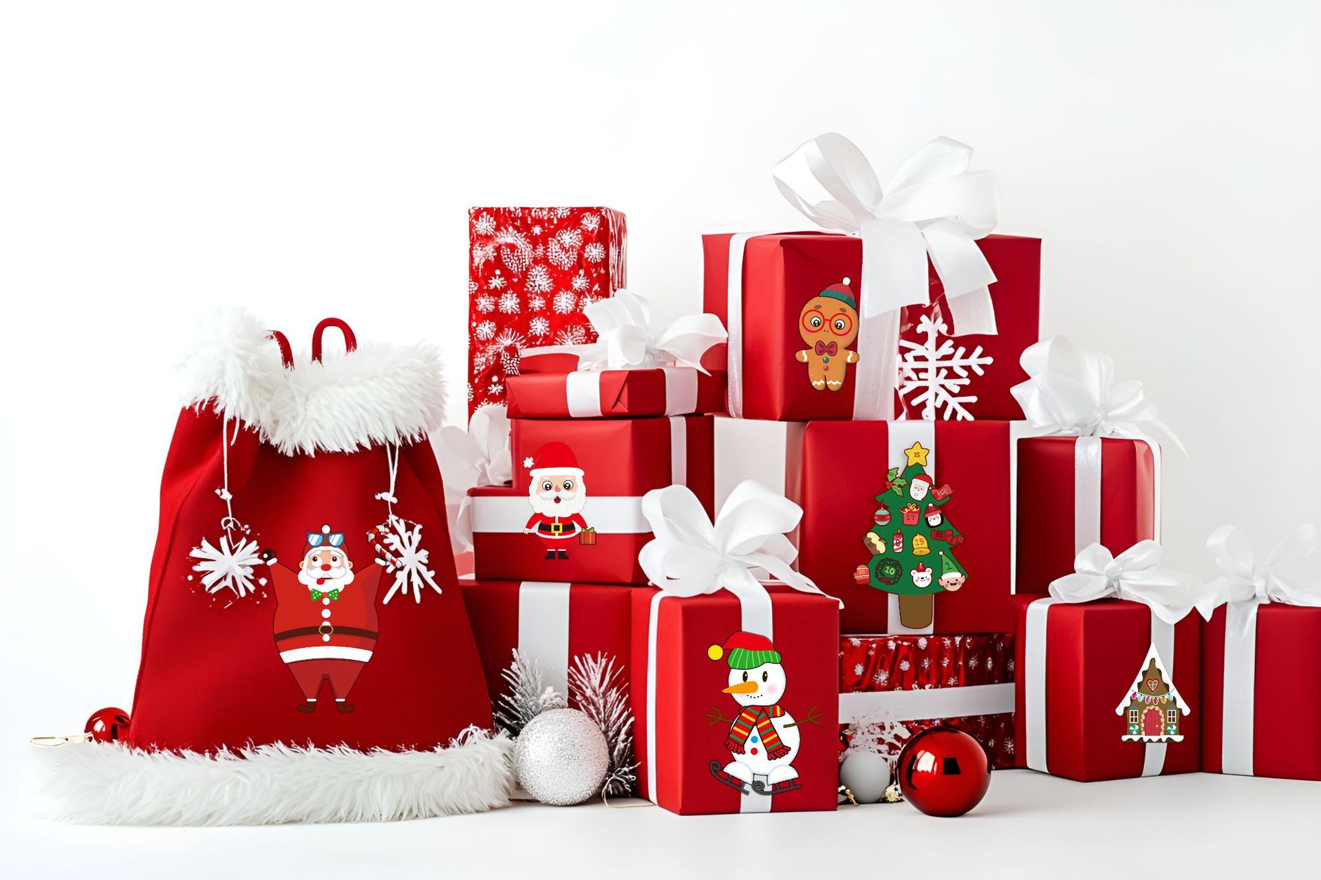 简约风圣诞礼物圣诞老人袋子红色白色银色装饰商业照片-1