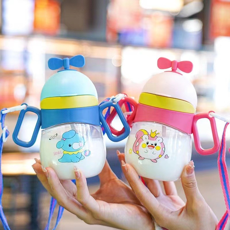 New Dual-Purpose Children's Plastic Water Cup Baby Sippy Cup Cartoon Handle Learning Drinking Cup Kindergarten Strap Kettle