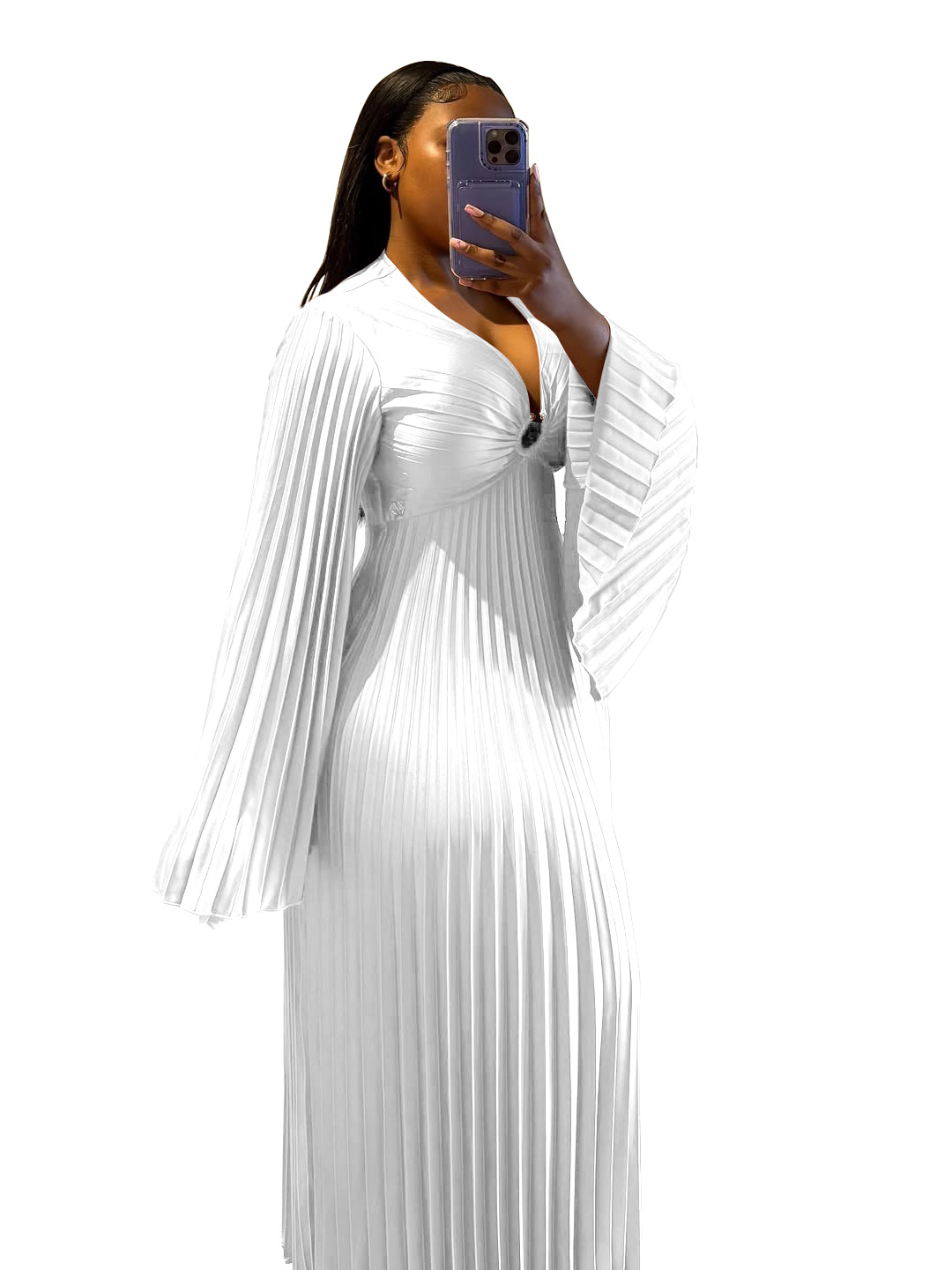 Women's Clothing Elegant Slim Fit Women's Dress V Neck Pleated Long Sleeve Solid Color Casual Spring/Autumn Dress_ecoleips.com