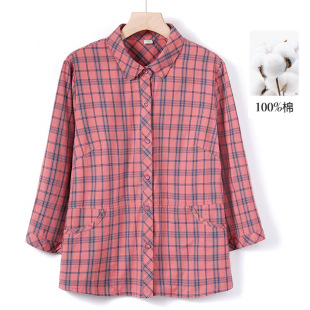 Middle-aged and elderly spring and summer mother cotton plaid seven-sleeve shirt grandma lapel wide large size sleeve shirt women