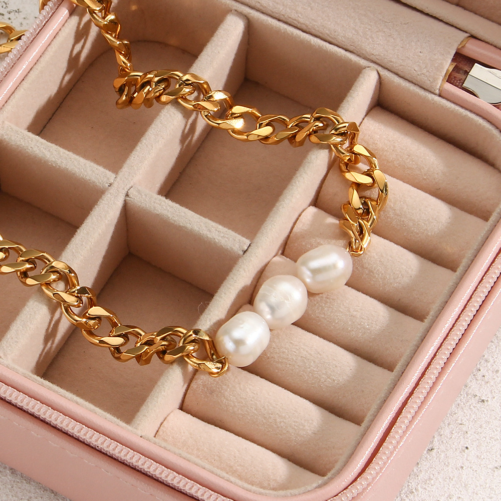 Mode 18K Gold berzogene Drei Swasser Perlen Cuban Link Kette Edelstahl Halskettepicture1