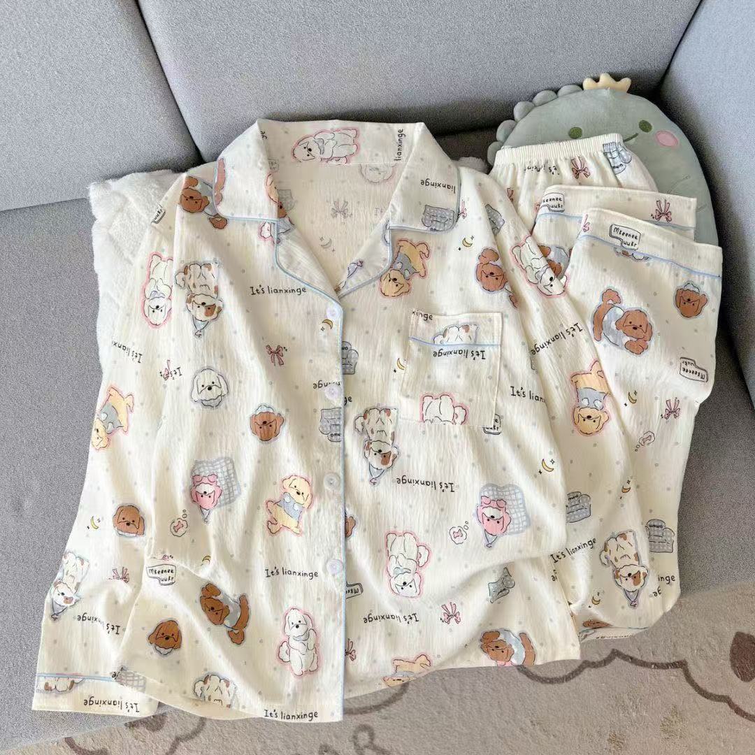 Pijamas de otoño al por mayor transfronterizos mujeres nuevas nubes de algodón de manga larga con solapa pequeña manga larga pantalones largos casuales set de ropa casera