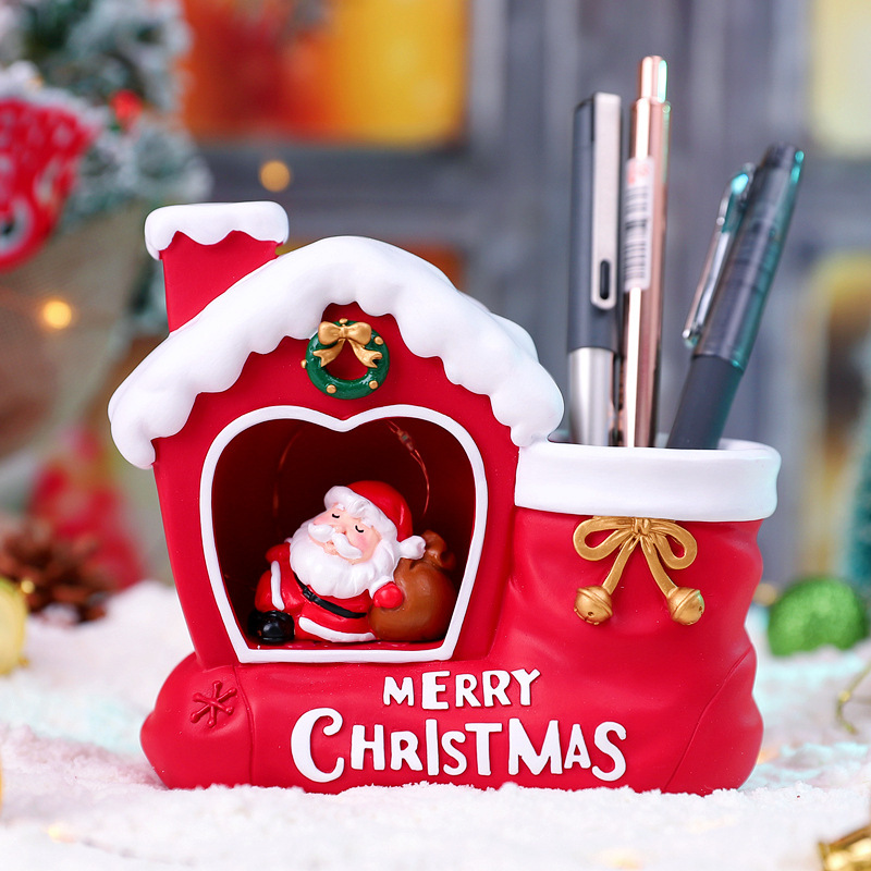 Casa de regalos de Navidad bolígrafo multifuncional de escritorio de almacenamiento de bolígrafo para niños regalos de resina de Nochebuena