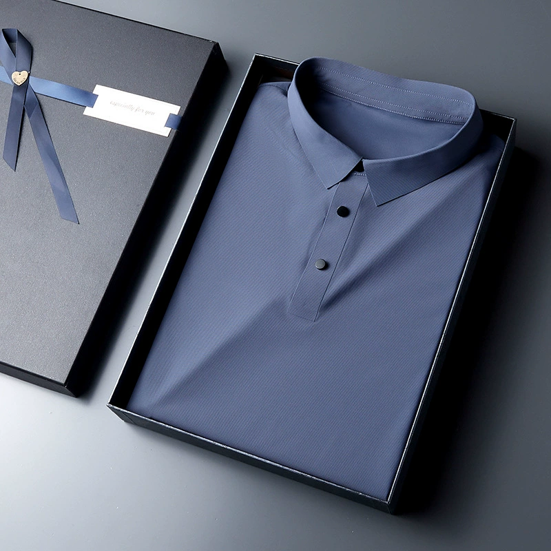 2023 летняя новая мужская рубашка-поло с короткими рукавами, бесшовная однотонная нейлоновая Высококачественная деловая рубашка-поло с лацканами, культурная рубашка