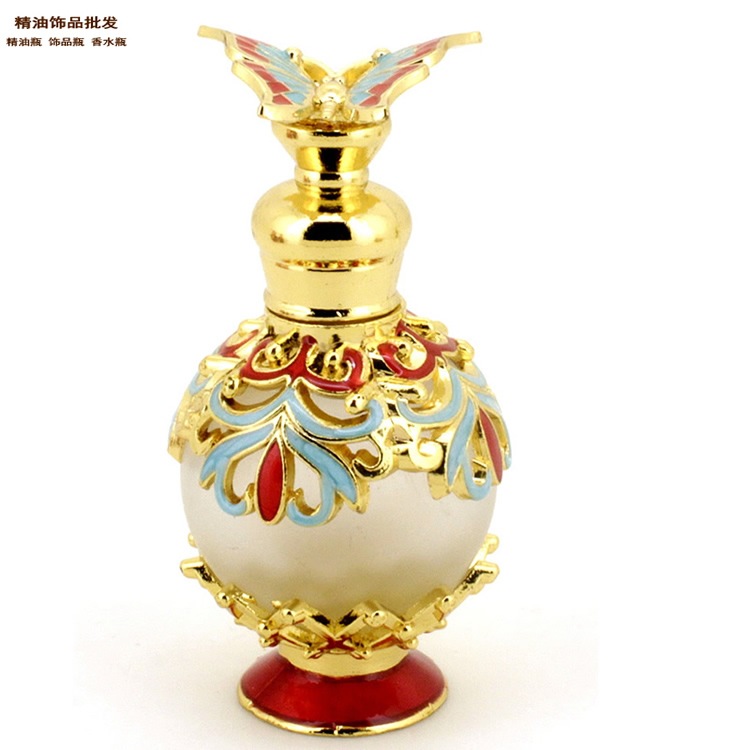 精油饰品网15ml红色底蝴蝶盖金色球形蜘蛛花纹香水瓶1.jp