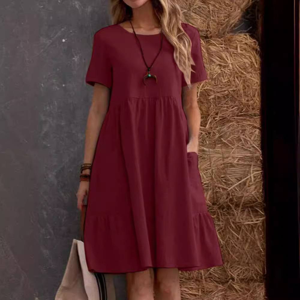 2026 Summer European And American Retro Loose Pocket Solid Color Round Neck Women's Dress_ecoleips.com