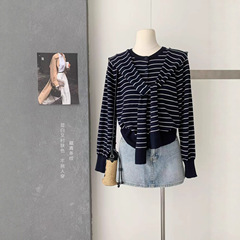 韩系文艺松弛感系扣配披肩圆领条纹针织开衫女秋季上衣两件套毛衣