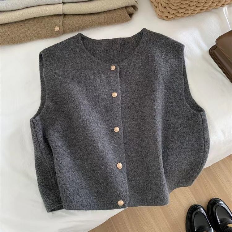 Suave línea de una sola fila de botones de oro de cuello redondo chaleco de punto Cardigan chaleco de hombro de mujer coreana sin mangas chaleco de camisa
