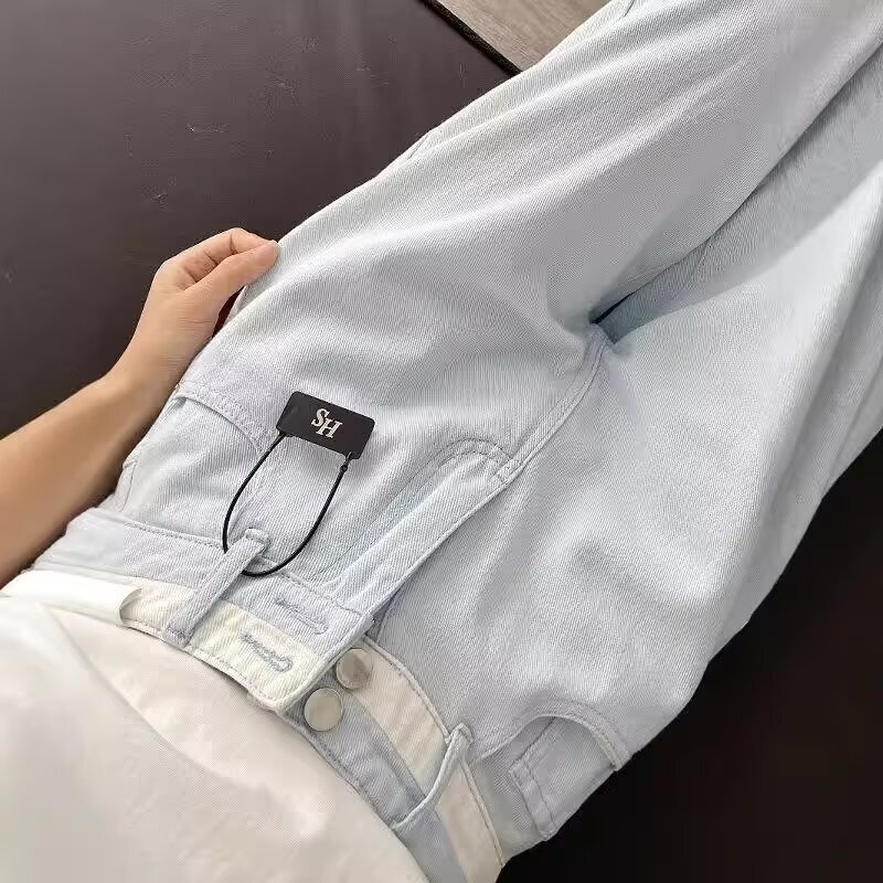 秋の新しいトレンディな女性用の背の高い人向けのコントラストカラーのストレートジーンズ、明るい色のハイウエストのゆったりとしたスリムなワイドレッグパンツ|undefined