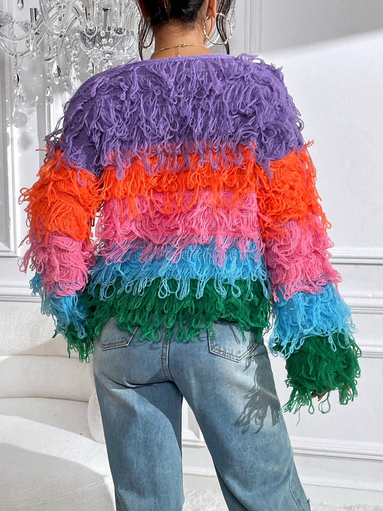 Fringe Gradient Cardigan Women's Fashion Knitwear Loose Fit Casual Long Sleeve V-Neck Boho Chic Sweater_ecoleips.com