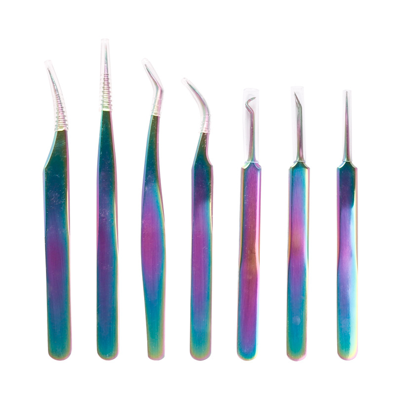 Venta caliente transfronteriza de acero inoxidable colorido pestañas postizas color titanio injertado pestañas pinzas de manicura puntiagudas de precisión
